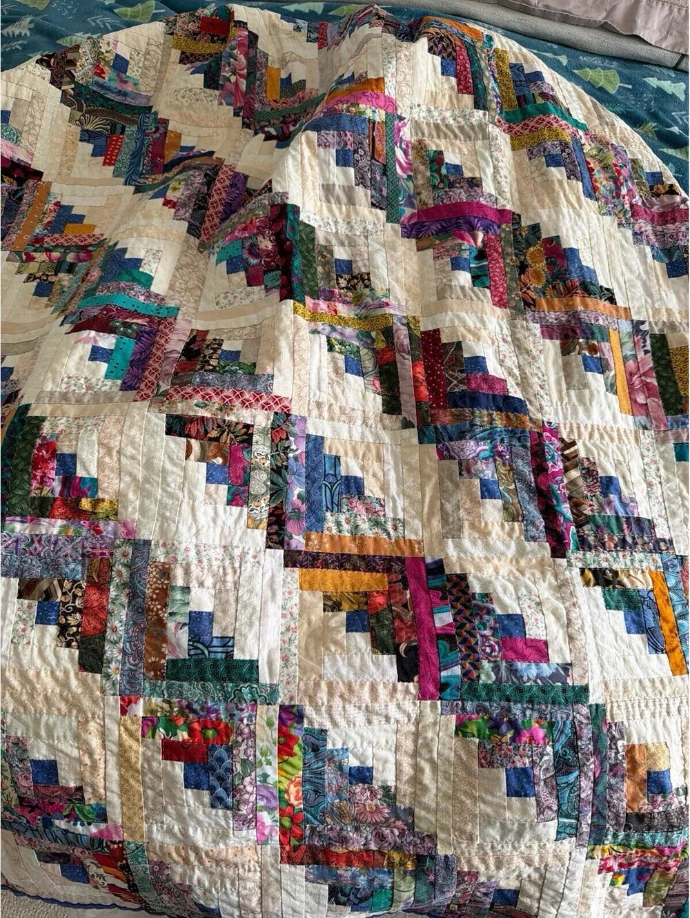 King 3pc Vintage Log Cabin Quilt Set Hand Quilted Scrappy Patchwork Shams 98x98